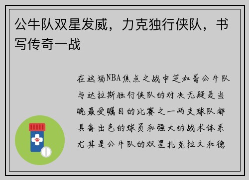 公牛队双星发威，力克独行侠队，书写传奇一战